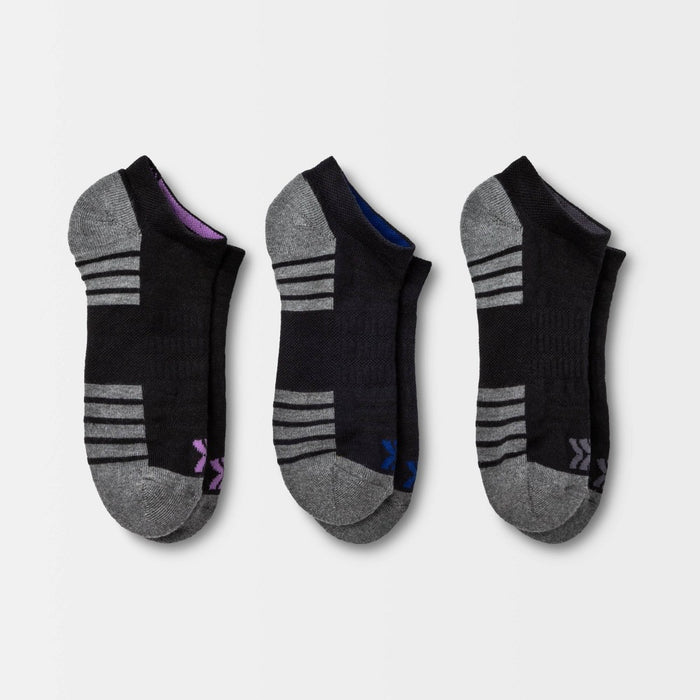 Women's Cushioned Striped Sole 3pk No Show Athletic Socks - All in Motion - Black 4-10
