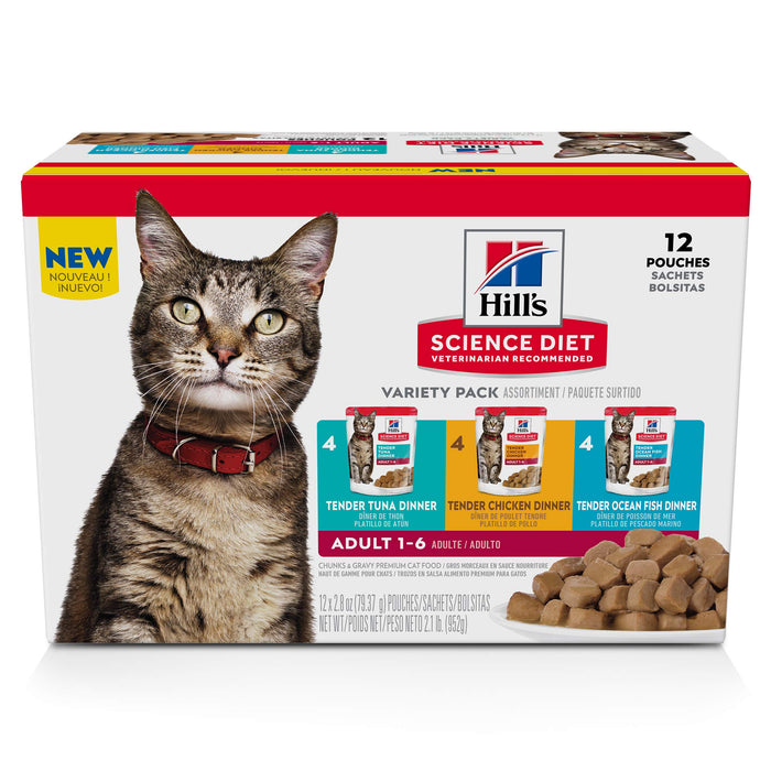 Hill's Science Diet Adult 1-6, Adult 1-6 Premium Nutrition, Wet Cat Food, Variety Case: Tuna, Chicken, Ocean Fish Stew, 2.8 Oz Pouch Variety Case, Case Of 12