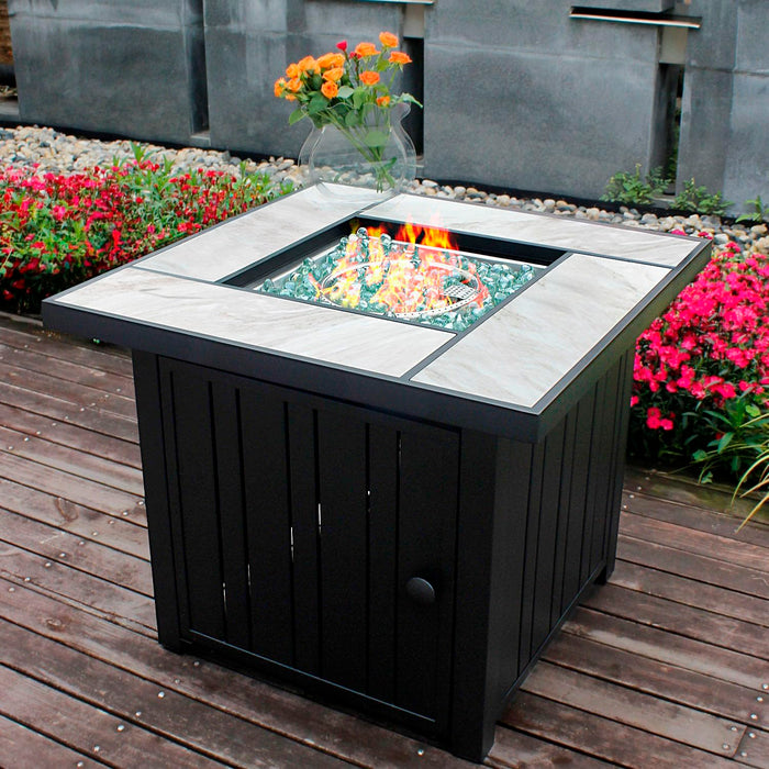 Outvue 30" Propane Fire Pit With Real Ceramic Tabletop, 50000 BTU Gas Firepit Table With Lid & Glass Rock, Outdoor Fire Pit For Dining Or Party, Firepit For Outside, Patio, Garden, Yard (LOCAL PICKUP ONLY)