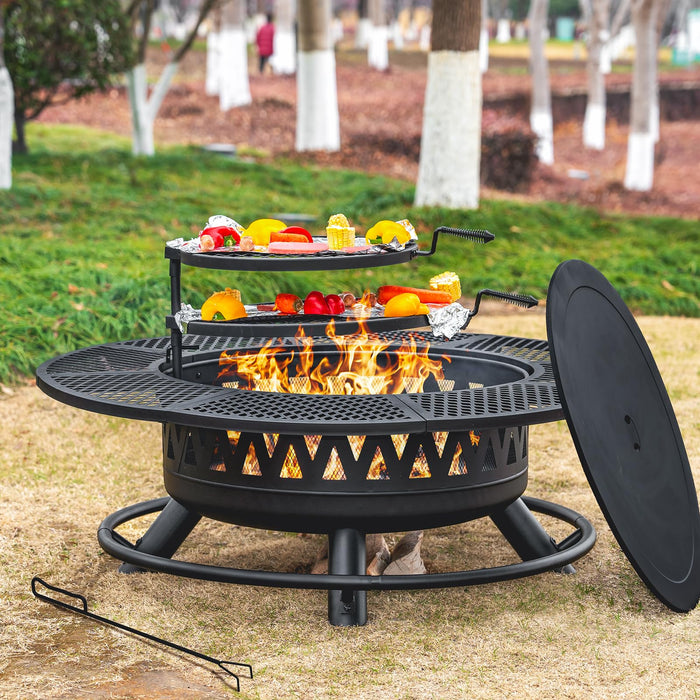 47 Inch Fire Pit With 2 Grills, Outdoor Extra Large Firepits For Outside, Wood Burning Fireplace For Camping,Picnic,Bonfire, 3-In-1 Round Metal Table With Lid For Backyard,Patio,Party (LOCAL PICKUP ONLY)