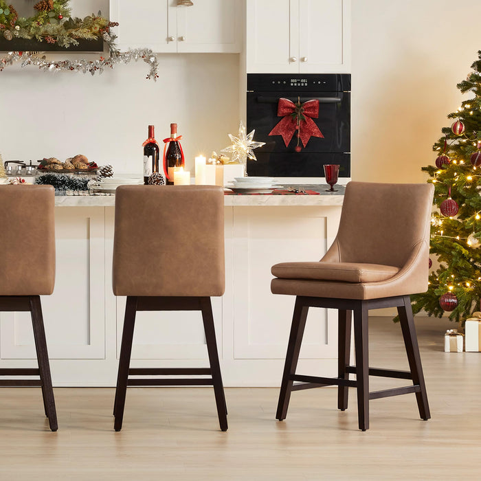 CHITA Counter Height Swivel Barstool With Back Set Of 2, FSC Certified Upholstered Faux Leather Swivel Bar Stool, 26.8" H Seat Height, PU Leather In Retro Brown (LOCAL PICKUP ONLY)