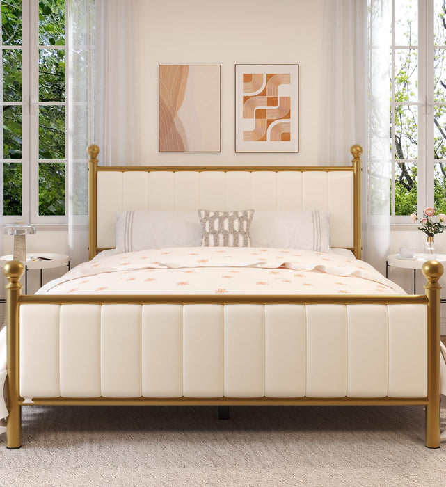 E-Motie Queen Size Bed Frame With Headboard, Upholstered Metal Platform Bed Frame Supported By Strong Metal Slats, No Box Spring Needed, Noise-Free, Easy Assembly, Gold/Beige (LOCAL PICKUP ONLY)