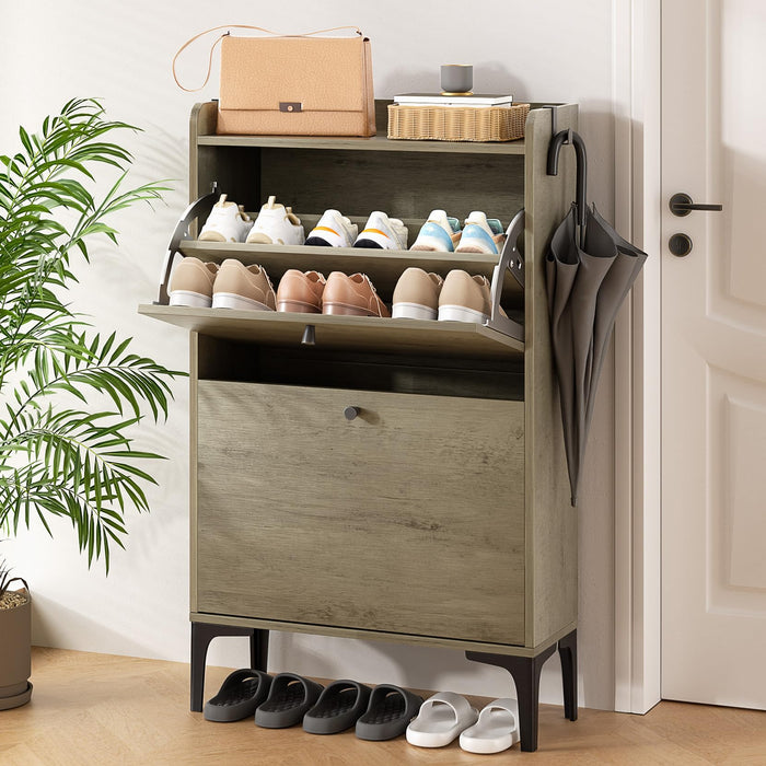 Dripex Shoe Storage Cabinet With 2 Flip Drawers, Farmhouse Shoe Cabinet For Entryway, Hidden Slim Narrow Storage Rack Freestanding Organizer With Metal Legs And Side Hooks, 23” Wash Grey (LOCAL PICKUP ONLY)