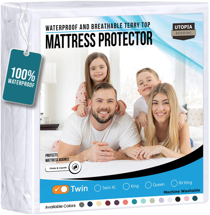 Utopia Mattress Protector Twin Size, Premium Terry Mattress Cover 200 GSM, Breathable, Fitted Style With Stretchable Pockets (White)