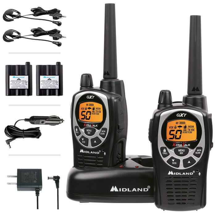 Midland GXT1000VP4 - 50 Channel GMRS Two-Way Radio - Long Range Walkie Talkie With 142 Privacy Codes, SOS Siren, And NOAA Weather Alerts And Weather Scan (Black/Silver, Pair Pack)