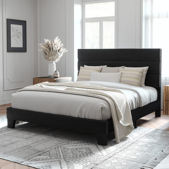 Allewie Queen Size Platform Bed Frame With Velvet Upholstered Headboard And Wooden Slats Support, Fully Upholstered Mattress Foundation/No Box Spring Needed/Easy Assembly, Black (LOCAL PICKUP ONLY)