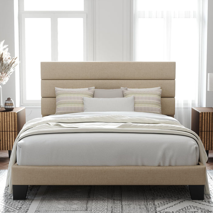 Allewie Queen Size Platform Bed Frame With Fabric Upholstered Headboard And Wooden Slats Support, Fully Upholstered Mattress Foundation/No Box Spring Needed/Easy Assembly, Beige (LOCAL PICKUP ONLY)