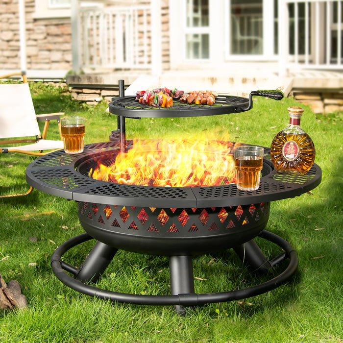 Panovue 36 Inch Fire Pit With Grill,Wood Burning Fire Pits For Outside With Lid& Fire Poker,Round Metal Firepit Table 3 In 1 With Cooking Grate,Outdoor Firepits For Yard Patio Bonfire Camping(Black) (LOCAL PICKUP ONLY)