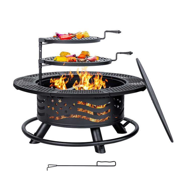 36 Inch Fire Pit With 2 Cooking Grates, Outdoor Wood Burning BBQ Grill Firepit Bowl With Cover Lid, Steel Round Table For Backyard Bonfire Patio Picnic (Black, 36IN) (LOCAL PICKUP ONLY)