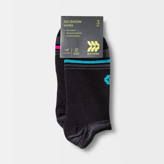 Women's Lightweight Striped Toe 3pk No Show Athletic Socks - All in Motion - Black 4-106