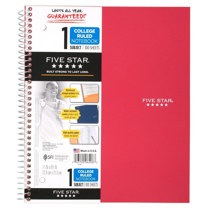 Five Star 1 Subject College Ruled Spiral Notebook (Color Will Vary)