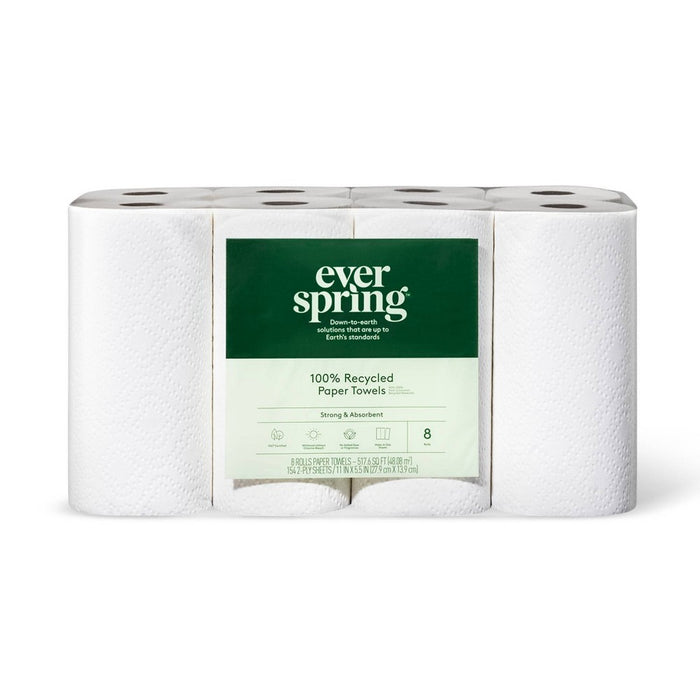 100% Recycled Paper Towels - 8 Rolls - Everspring