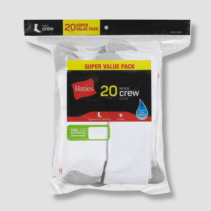 Hanes Men's Crew Super Value Socks 20pk - White/Gray 6-12