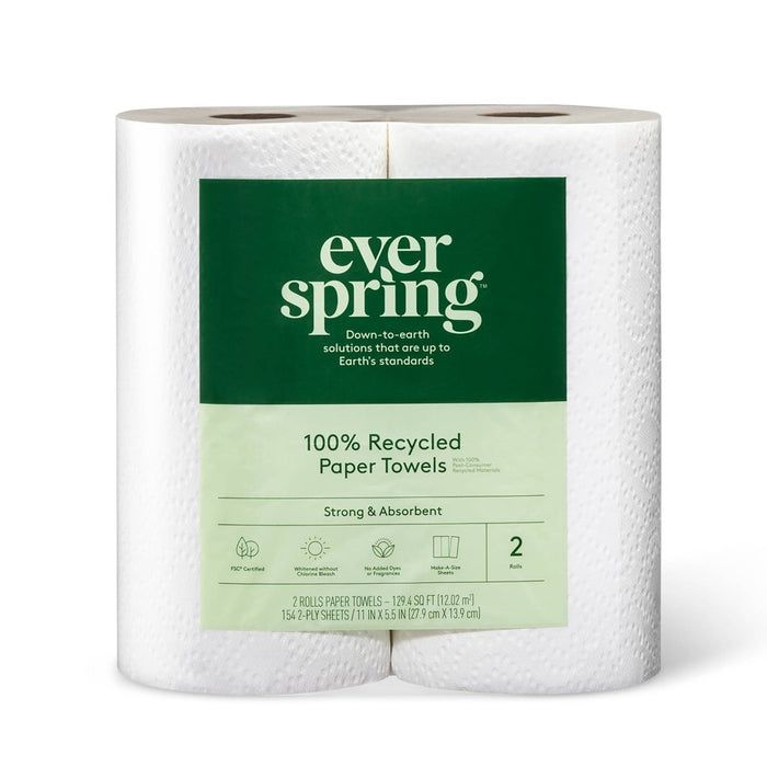 100% Recycled Paper Towels - 2 Rolls - Everspring