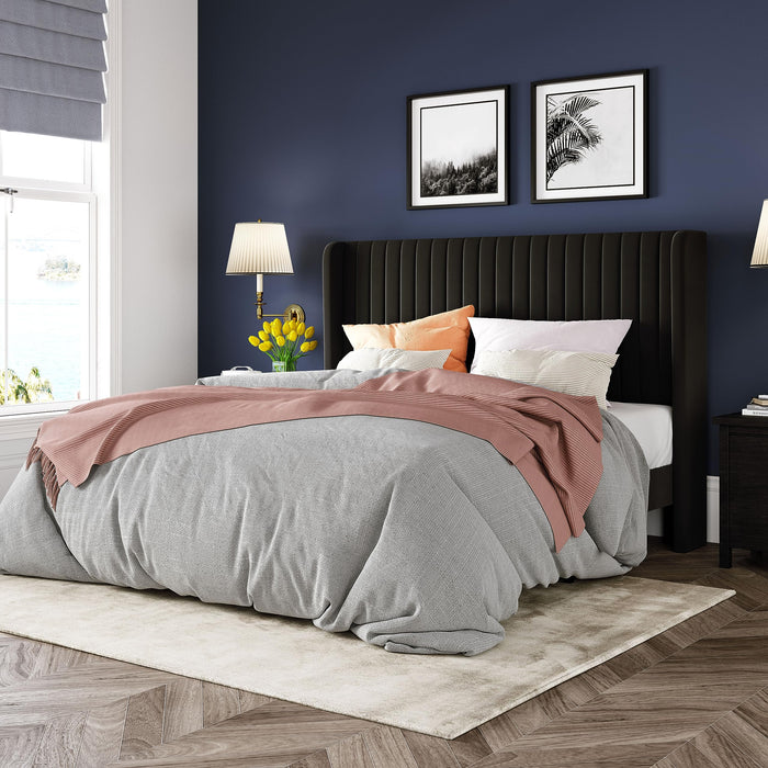 Allewie Queen Size Velvet Bed Frame/Vertical Channel Tufted Wingback Headboard/Upholstered Platform Bed/Strong Wooden Slats/No Box Spring Needed/Easy Assembly/Black (LOCAL PICKUP ONLY)
