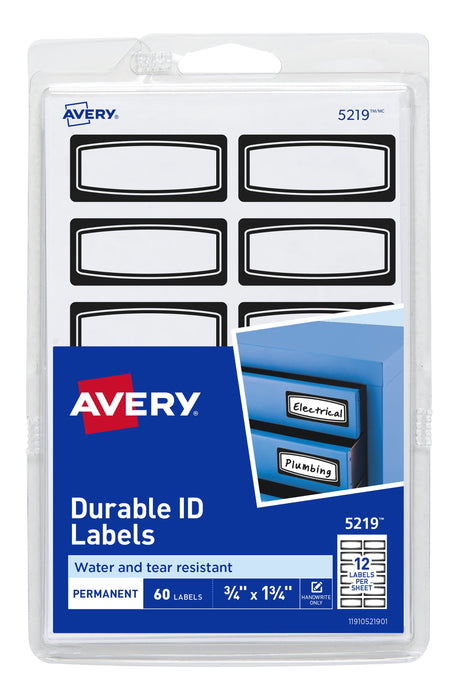 Avery Durable ID Labels, 3/4" x 1-3/4", Film, Permanent, Black Border, Laser/Inkjet, 60 Labels
