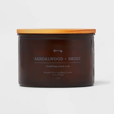 3-Wick Lidded Amber Glass Sandalwood and Smoke Wooden Wick Jar Candle 14oz - Threshold