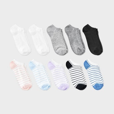 Women's 10pk Low Cut Socks - Dealworthy Assorted Striped/Solid 4-10: Recycled Polyester, Spandex, Machine Washable