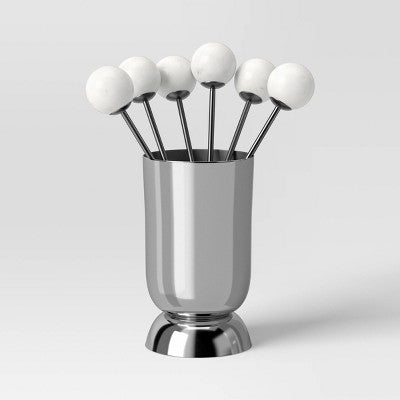 7pc Stainless Steel Cocktail Picks with Holder Silver - Threshold: Luxury Barware Set, Spot Clean, Stoneware Holder