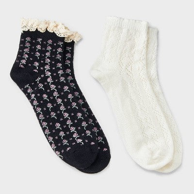 Women's Floral Lace and Pointelle 2pk Ankle Socks - Auden Black/Ivory 4-10: Midweight Knit, Rib Cuffs, Ruffle Trim