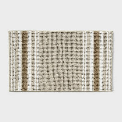 20"x34" Low Chenille Memory Foam Bath Rug Green Striped - Threshold