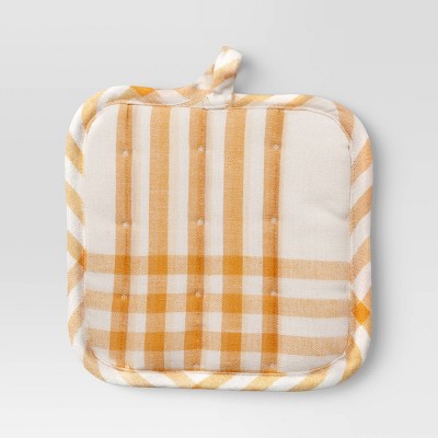 Plaid Potholder Gold - Threshold: Cotton & Linen, Abstract Design, Machine Washable, Autumn Kitchen Textile