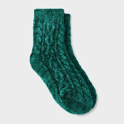 Women's Cable Chenille Crew Socks - Auden Dark Green 4-10