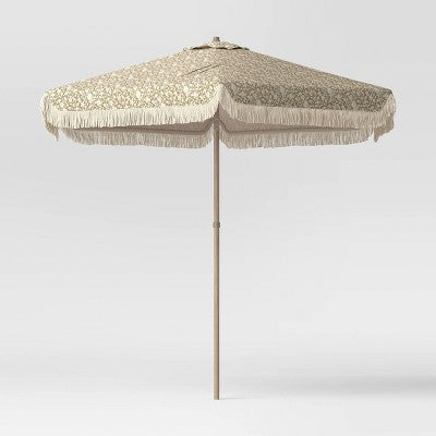 7.5' Floral Fringe Edge Outdoor Round Patio Market Umbrella Sage Green with Faux Wood Pole - Threshold (LOCAL PICKUP ONLY)