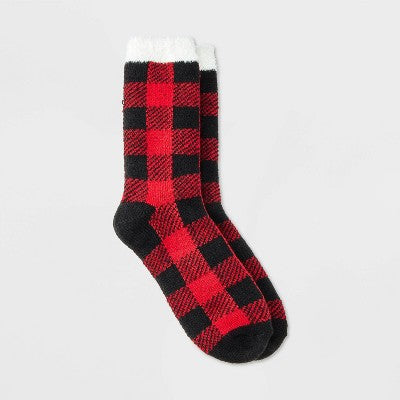 Women's Buffalo Plaid Double Lined Cozy Crew Socks - Auden Red/Black 4-10: Lightweight Knit, Double-Layered, Machine Washable