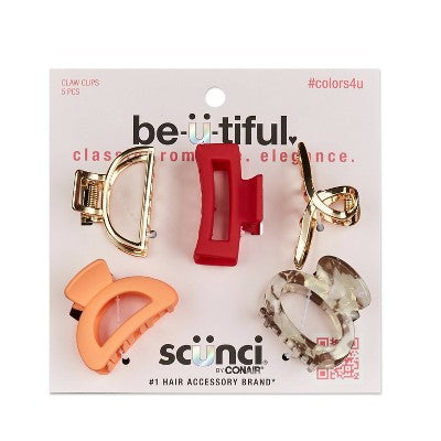 scunci be-u-tiful Mixed Shapes Open Center Claw Clips - Mixed Finish - 5pcs