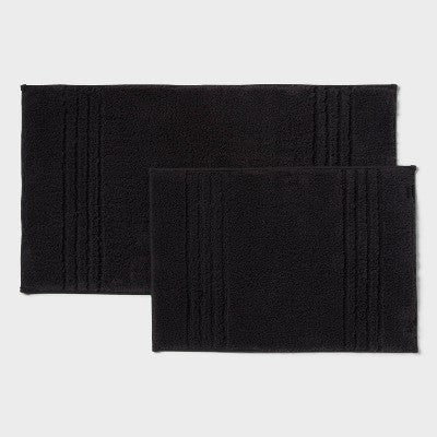 2pc 17"x24" and 20"x34" Performance Plus Textured Cotton Striped Non Skid Bath Rug Set Black - Threshold