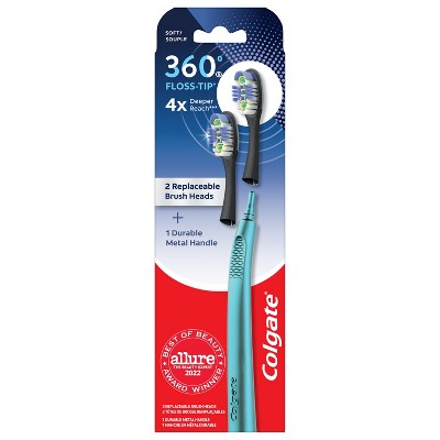 Colgate 360 Floss Tip Toothbrush with Metal Handle and 2 Replaceable Brush Heads - Trial Size - Blue