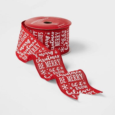 2.5" Faux Linen Winter Sayings Ribbon Red/White 21ft - Wondershop