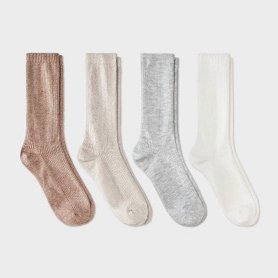 Women's Ultra Soft Everyday Rib-Knit 4pk Crew Socks - Auden Tan/Ivory/Heather Gray 4-10