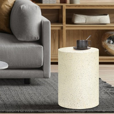 LuxenHome Round Patio Side Table Off White with Speckled Gray Cement, Accent Table for Outdoor and Indoor Off-White (LOCAL PICKUP ONLY)