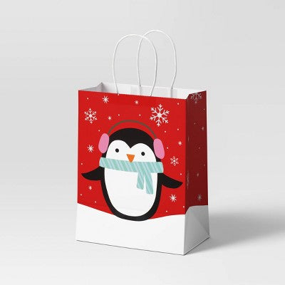 Cub Penguin with Earmuffs and Scarf Paper Handle Christmas Gift Bag Red/Black/White - Wondershop