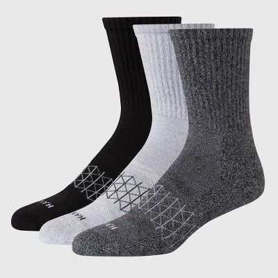 Hanes Men's 3pk Absolute Active Cushioned Crew Socks - Charcoal Gray/Gray/Black 6-12: Breathable Knit, Arch Support