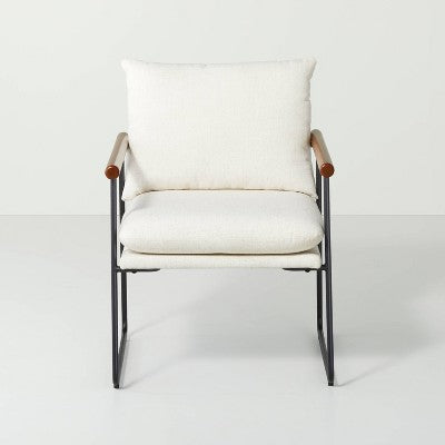 Cushioned Metal & Wood Accent Arm Chair Black/Cream (FA) - Hearth & Hand with Magnolia: No Assembly, Sled Legs, Polyester (LOCAL PICKUP ONLY)