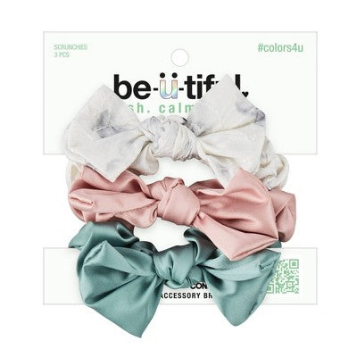 scunci be-u-tiful Satin Bow Scrunchies - Cream/Gray/Blush/Sage - 3pk