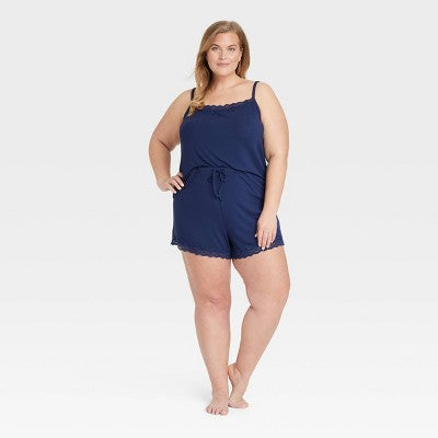 Women's Lace Trim Ribbed Cami Top and Shorts Pajama Set - Auden Navy Blue 2X: Modal Knit, Squareneck, Drawstring