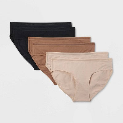 Women's 6pk Cotton Stretch Bikini Underwear - Auden Assorted Neutral L: Mid Rise, Knit Jersey