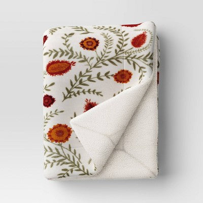 Printed Plush Lark Floral Throw with Faux Shearling Reverse Cream - Threshold (LOCAL PICKUP ONLY)