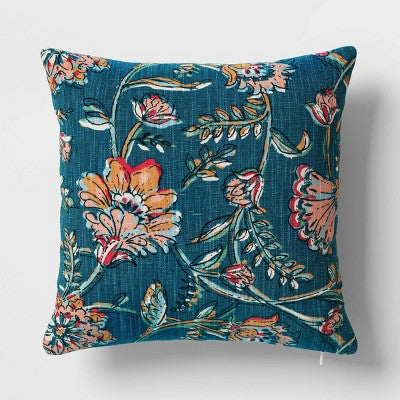 Square Floral Reversible Throw Pillow with Block Print Teal - Threshold