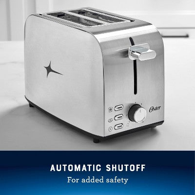 Oster 2-Slice Toaster Stainless Steel With Extra-Wide Slots: Reheat & Bagel Functions, 800W, Spot Clean