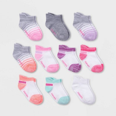Hanes Toddler Girls'10pk Heel Shield Athletic Socks - Colors May Vary - 2T-3T: Low Cut, Nonslip Grippers, Machine Washable