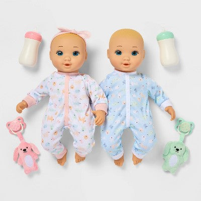 14" Boy Girl Twin Baby Dolls - Blonde Hair + Blue Eyes - Gigglescape
