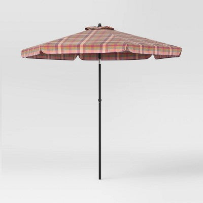 7.5' Plaid Scalloped Edge Outdoor Round Patio Market Umbrella with Black Pole - Threshold (LOCAL PICKUP ONLY)
