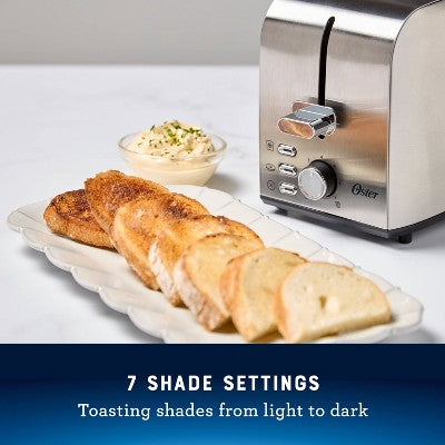 Oster 2-Slice Toaster Stainless Steel With Extra-Wide Slots: Reheat & Bagel Functions, 800W, Spot Clean