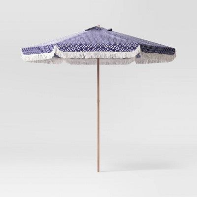 7.5' Quatrefoil Fringe Edge Outdoor Round Patio Market Umbrella Navy Blue with Faux Wood Pole - Threshold (LOCAL PICKUP ONLY)