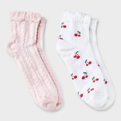 Women's Cherries 2pk Ankle Socks with Ruffle Cuff - Auden White/Pink 4-10